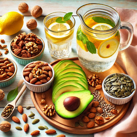Flatlay coloré d’aliments végétaux hydratants : avocat, noix, graines et eau citronnée, pour illustrer une approche naturelle et végétale du soin intime à la ménopause.