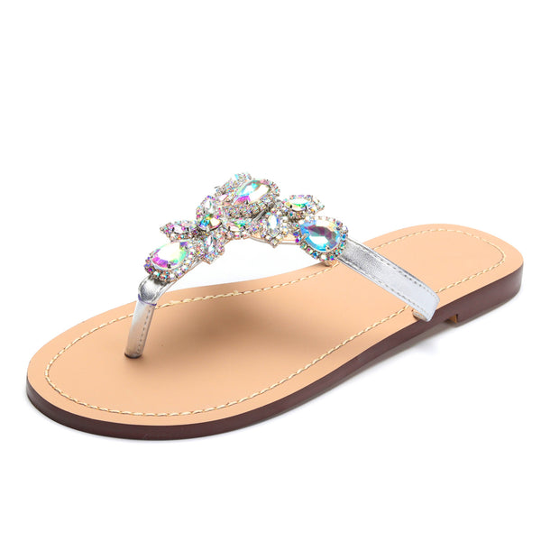 Women Silver Jeweled Hand Crafted Crystal Flip Flops Rhinestones Flats ...