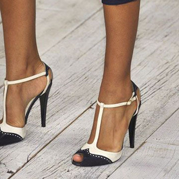 azmodo Black and White Two Tone Patchwork T Strap Stiletto Heels ...