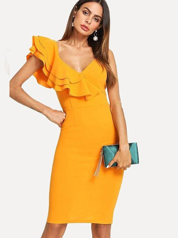 falbala cap sleeve split women's bodycon dress