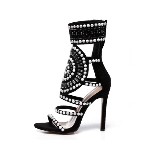 Women Strappy High Heels Gladiator Stilettos Peep Toe Embellished Rhin ...