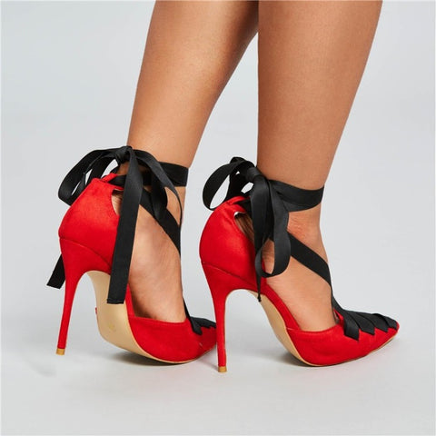 red wrap up heels