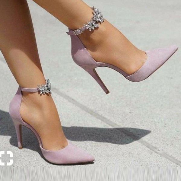 azmodo Purple Pointed Toe Rhinestone Line-Style Buckle Stiletto Heels ...