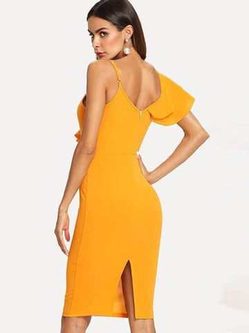 falbala cap sleeve split women's bodycon dress