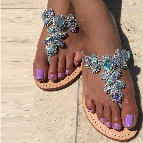 Women's Silver Jeweled Hand Crafted Crystal Flip Flops Rhinestones Fla ...