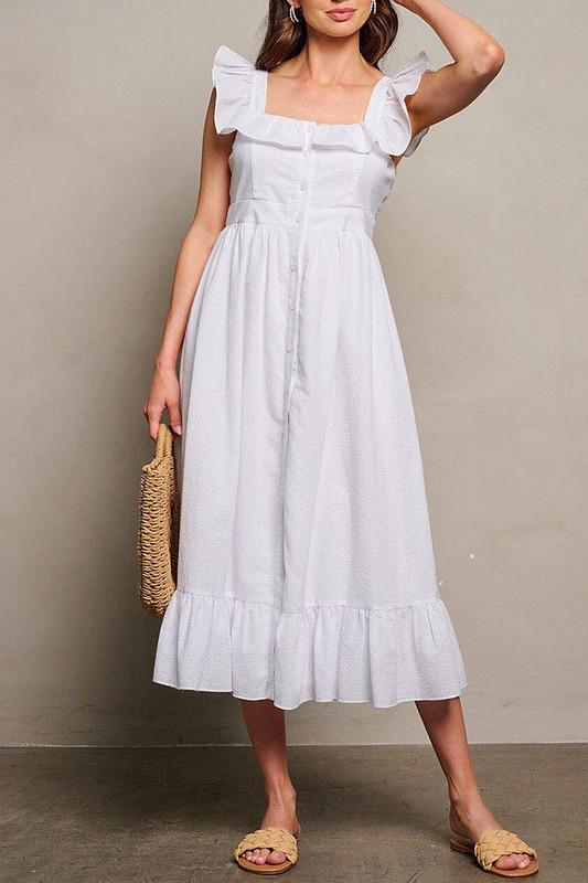 White sleeveless ruffle button up maxi dress