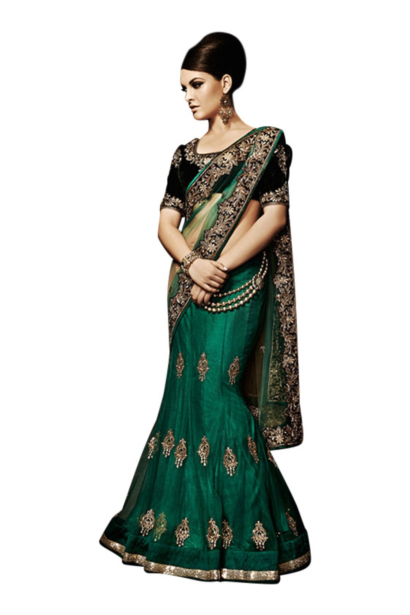 Pakistani Green Heavy Embroidered Lehenga Saree Set - Dress me Royal