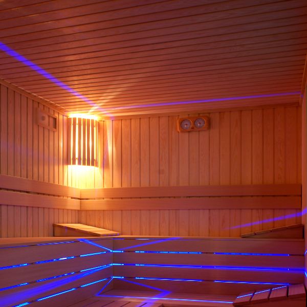 Blue and Orange lighting in a large Infrared Sauna