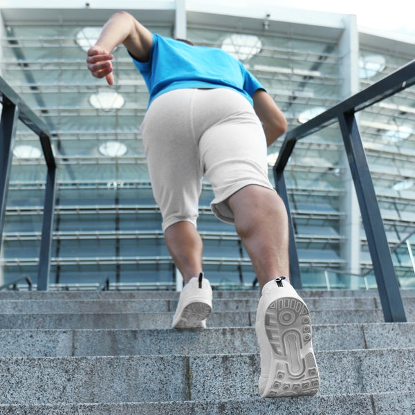 Man running up stairs