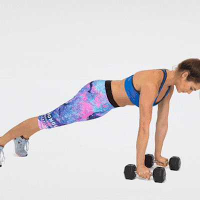 A woman doing Renegade Rows Exercise using Dumbbells  
