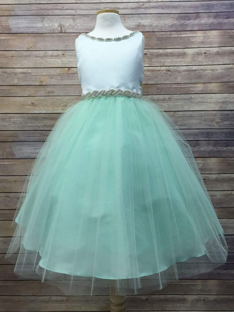 Satin Top Dress with Rhinestone Gem Belt & Tulle Skirt | My Girl Dress