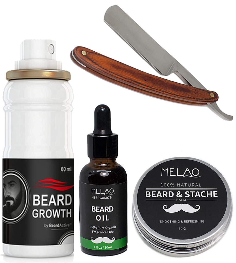 Beard Growth Spray, Beard oil, Beard Balm, Wooden Steel Straight Razor Set