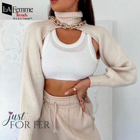 Cropped Turtleneck Lantern Sleeve Sweater 7a