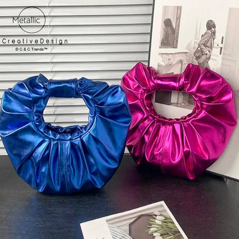 Metallic Pleated Circular Party Purse Clutches 14
