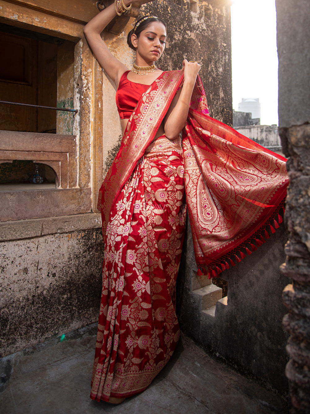 Red Meenakari Uppada Katan Silk Handloom Banarasi Saree - Sacred ...