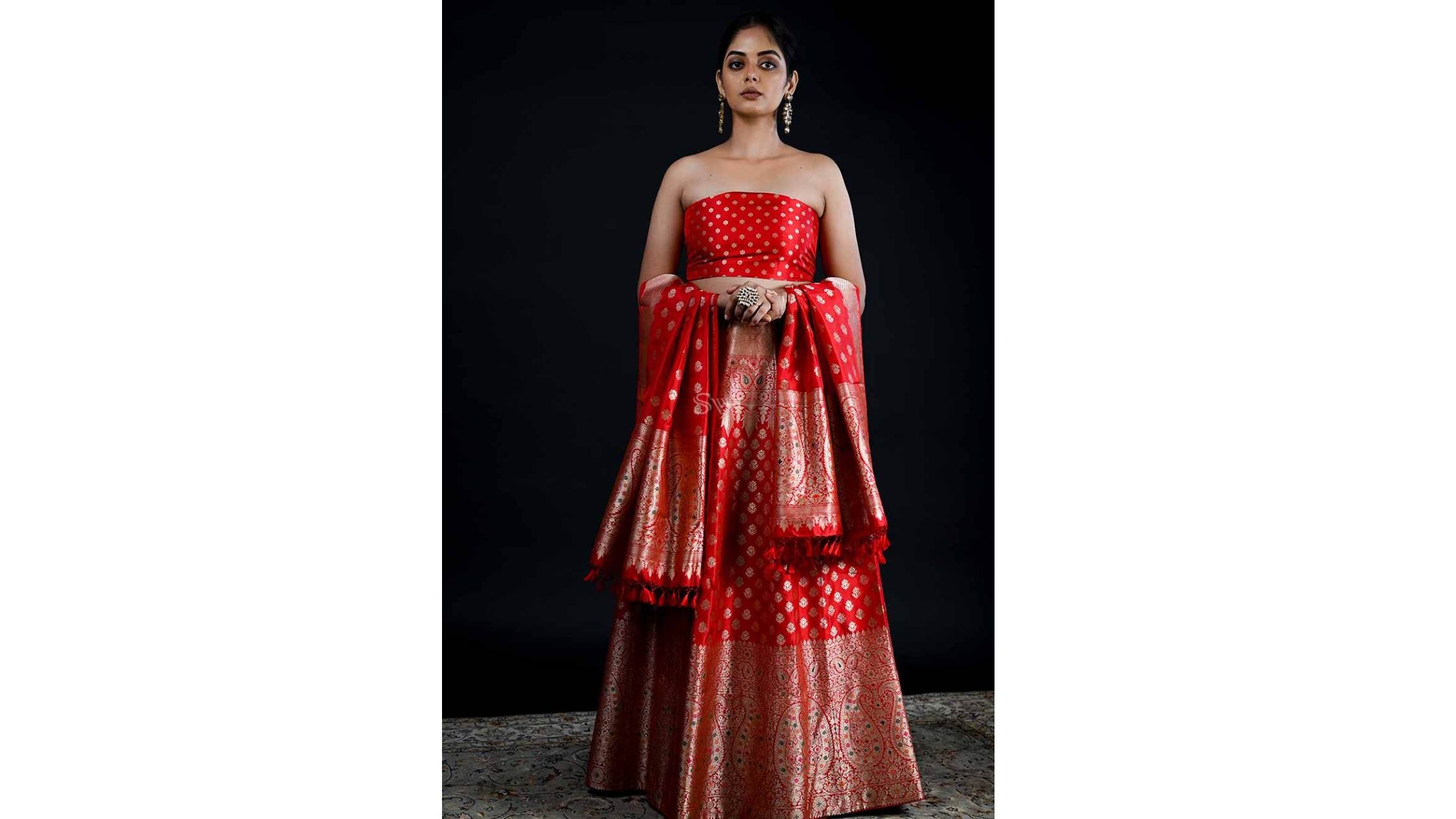 Red Meenakari Silk Handloom Banarasi Lehenga