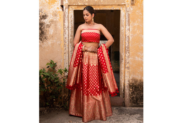 Red Meenakari Silk Handloom Banarasi Lehenga