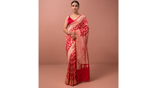 Red Shikargah Katan Silk Handloom Banarasi Saree for Karwa Chauth