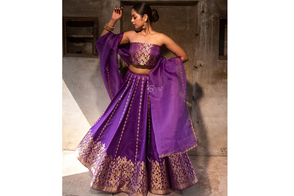 Purple Satin Silk Handloom Banarasi Lehenga