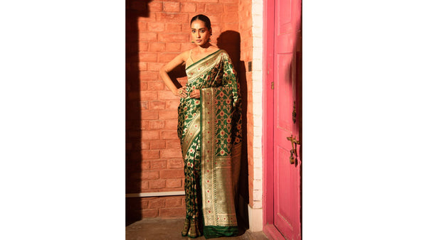 bottle green banarasi silk saree