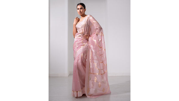 Pastel Pink Organza Handloom Banarasi Saree