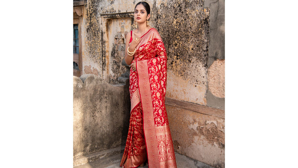 Red Meenakari Uppada Katan Silk Handloom Banarasi Saree for Karwa Chauth