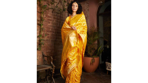 Yellow Banarasi Katan Silk Sarees for bride