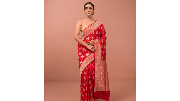 Red Booti Katan Silk Handloom Banarasi Saree for Karwa Chauth