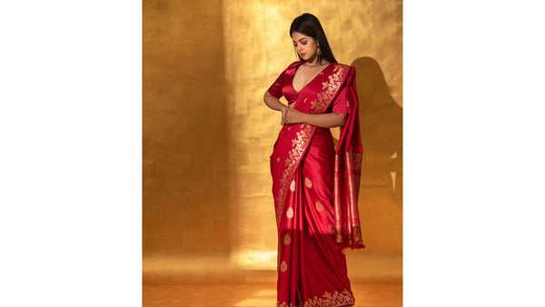 Red Boota Satin Silk Handloom Banarasi Saree for Karwa Chauth