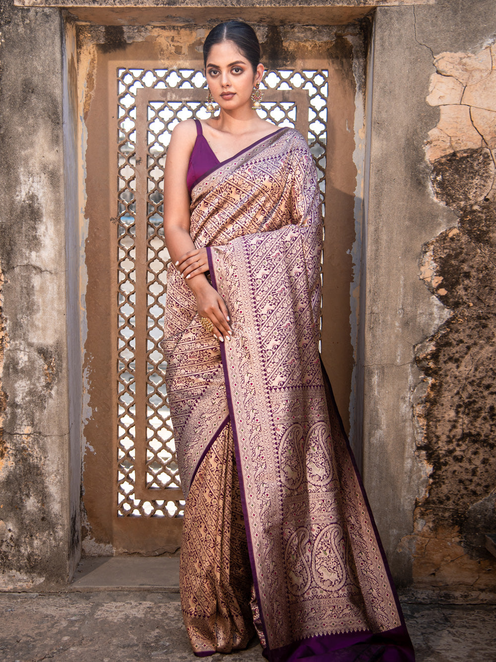 Purple Katan Silk Shikargah Brocade Handloom Banarasi Saree ...