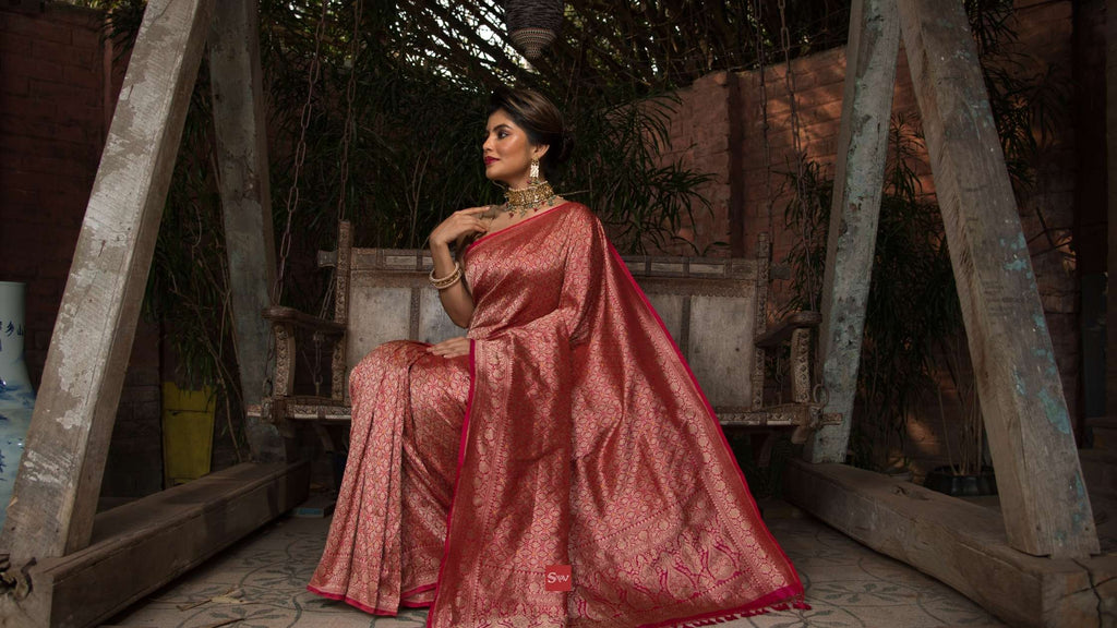 Pink Red Katan Silk Brocade Handloom Banarasi Saree