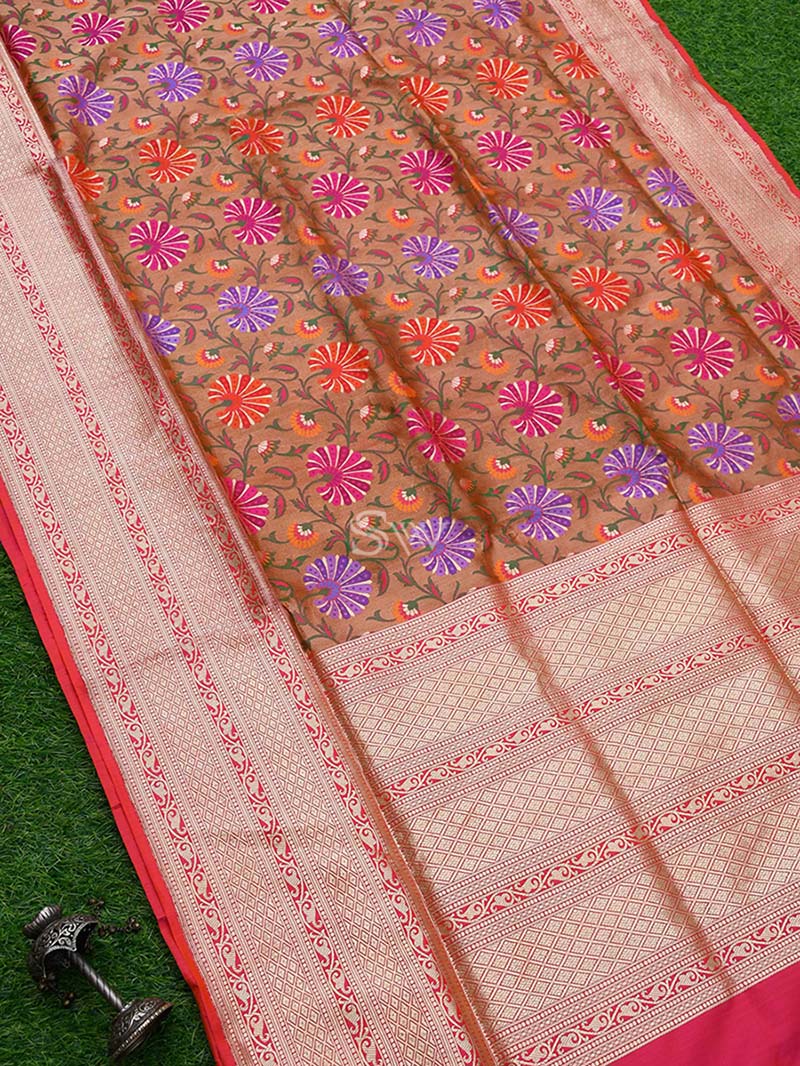 Copper Meenakari Katan Silk Handloom Banarasi Saree - Sacred Weaves