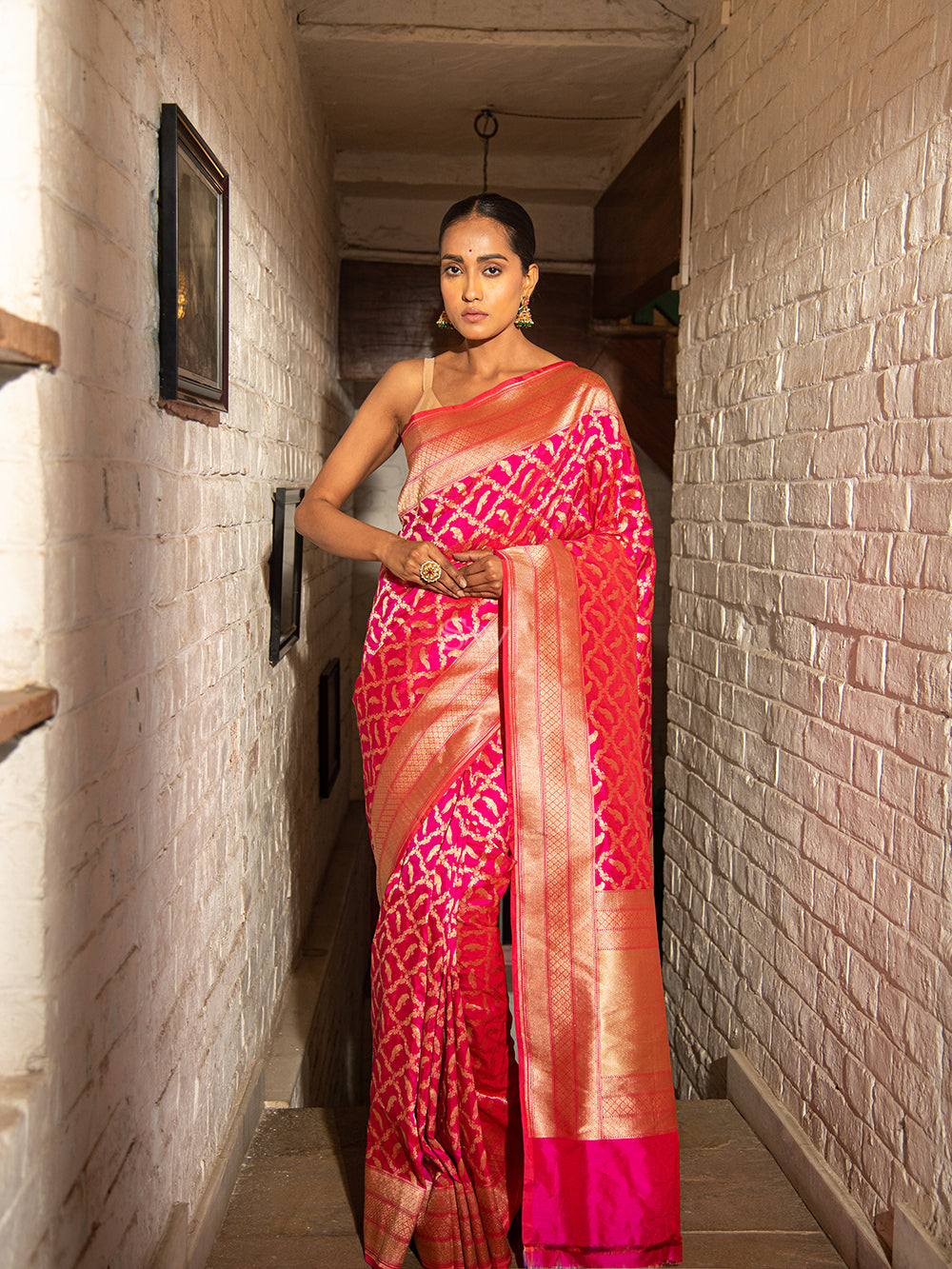 Pink Red Shikargah Katan Silk Handloom Banarasi Saree - Sacred Weaves