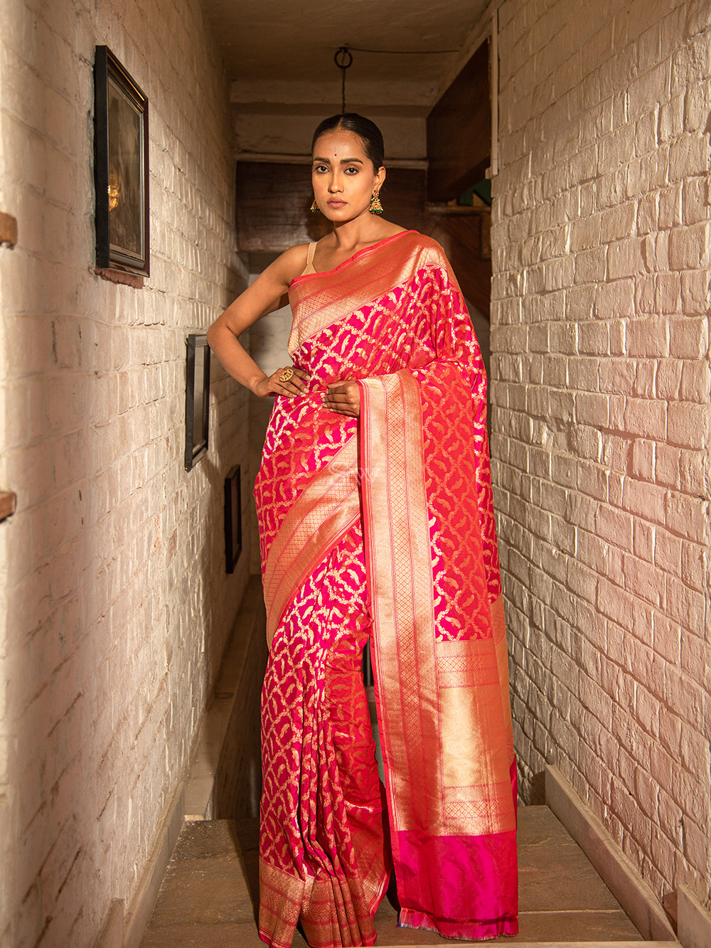 Pink Red Shikargah Katan Silk Handloom Banarasi Saree - Sacred Weaves