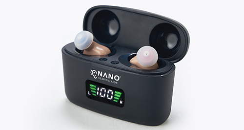 Nano First Ear Plus CIC hearing aids displayed in a compact charging case.