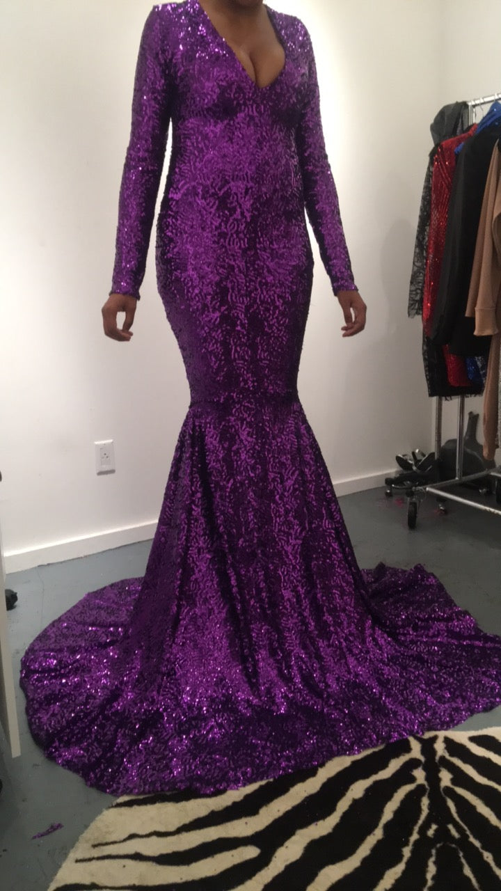 purple long sleeve mermaid dress