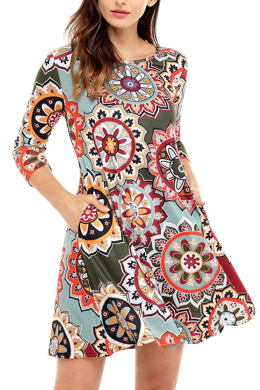 3/4 Sleeve Green Multicolor Geometric Print Tunic Dress – Lady Laila ...