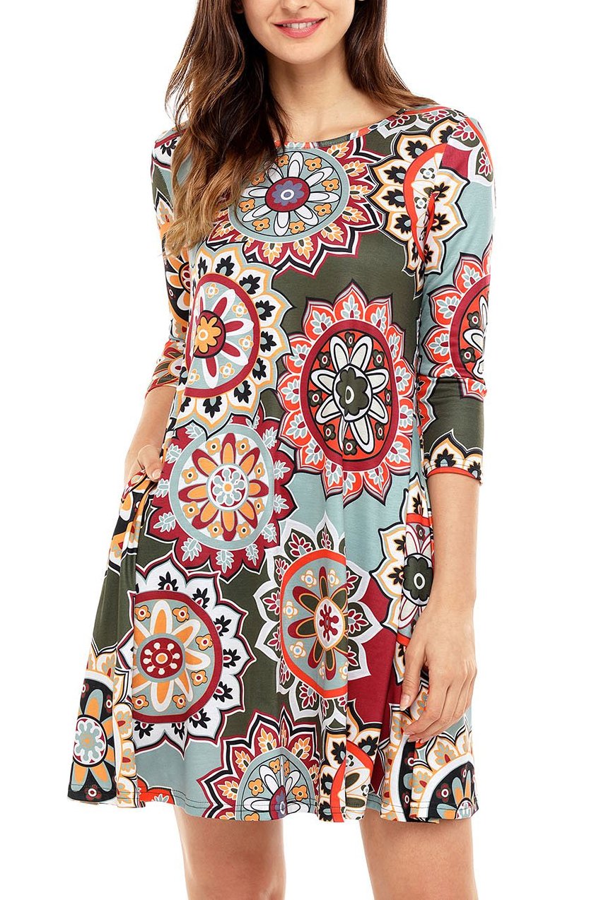 3/4 Sleeve Green Multicolor Geometric Print Tunic Dress – Lady Laila ...