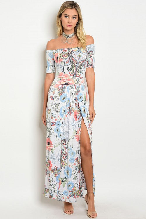 white floral off the shoulder maxi dress