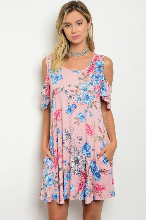 Mauve Floral Print Cold Shoulder Side Pocket Jersey Dress#N# #N# #N# #N ...