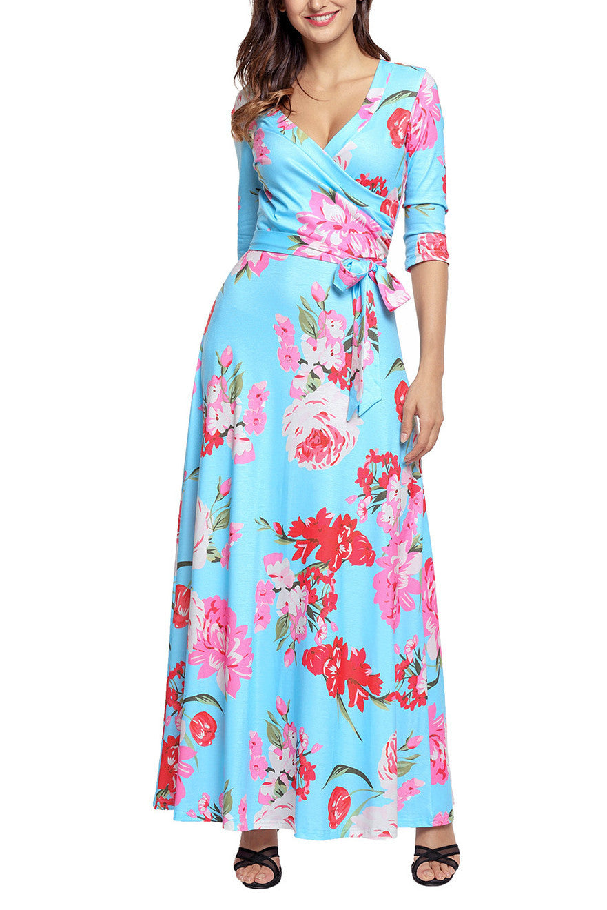 Light Blue Pink Floral Wrap Maxi Dress – Lady Laila Boutique