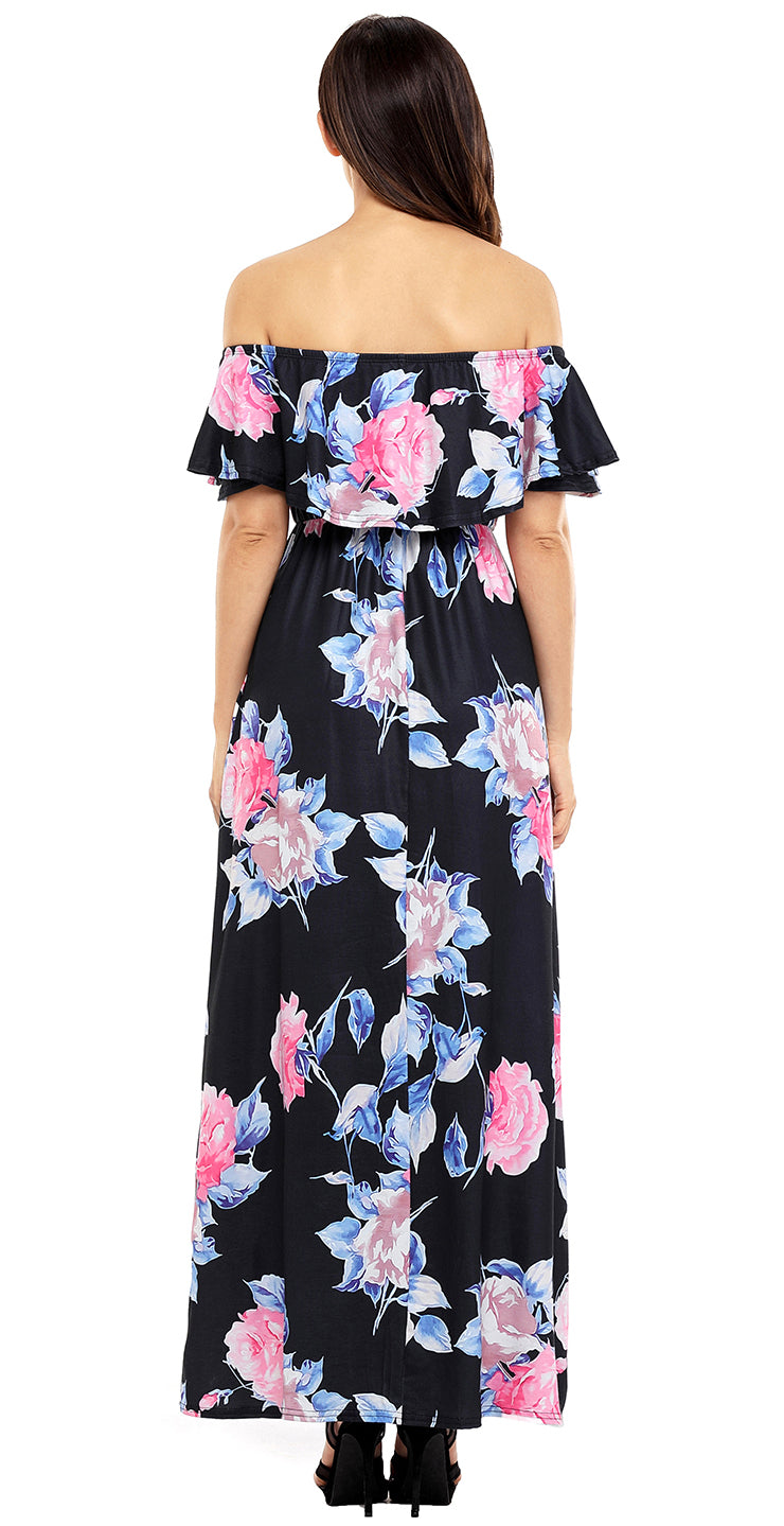 Black Off Shoulder Pink Floral Ruffle Maxi Dress – Lady Laila Boutique