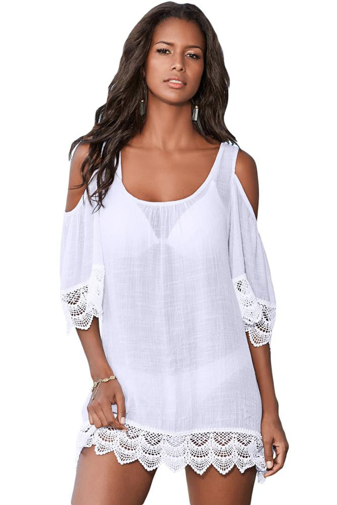 White Crochet Lace Crinkle Cold Shoulder Beach Cover Up – Lady Laila ...