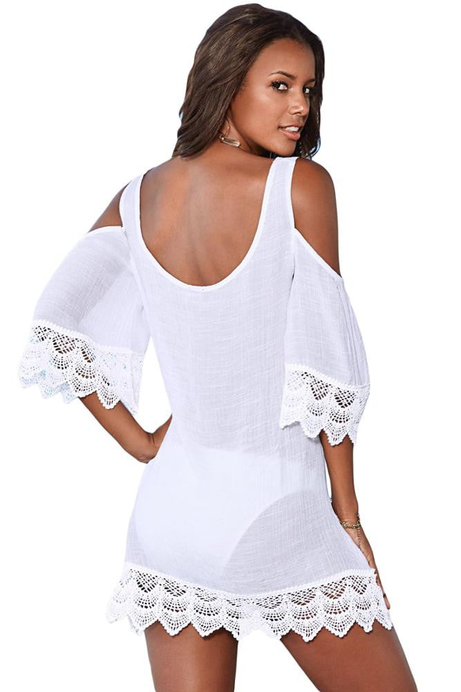 White Crochet Lace Crinkle Cold Shoulder Beach Cover Up – Lady Laila ...