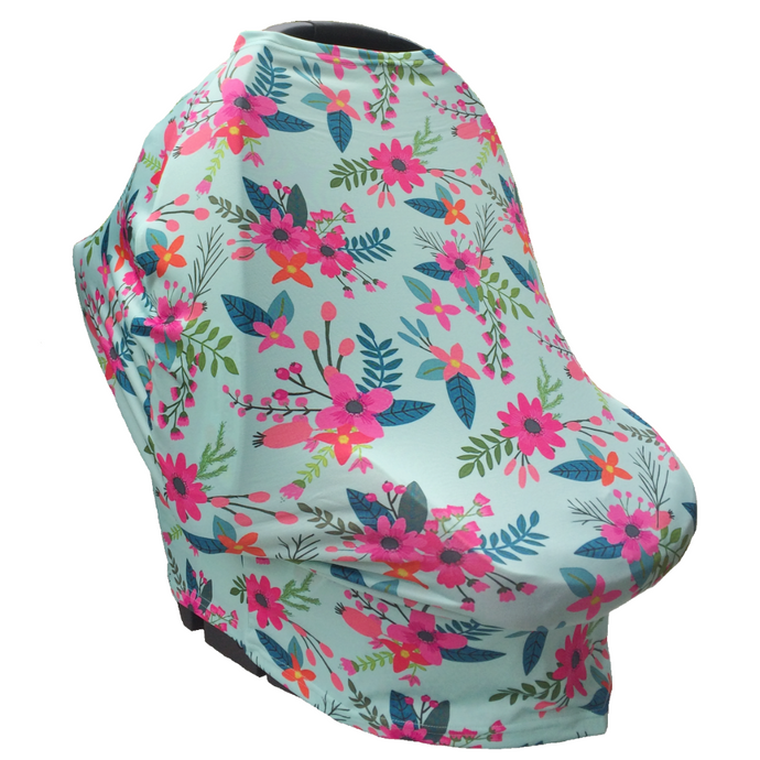 Floral Multi Use Baby Nursing Scarf, Car Seat Canopy Cover- Aqua/Pink