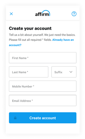 Affirm step two create account