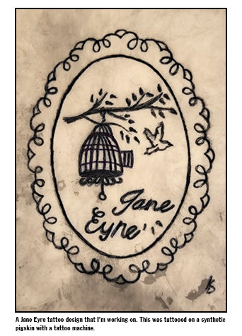 An original Jane Eyre Tattoo Design that I tattooed onto a piece of synthetic  pigskin.