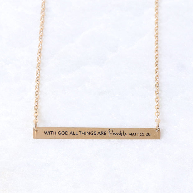WITH GOD ALL THINGS ARE POSSIBLE - ENGRAVED BAR NECKLACE