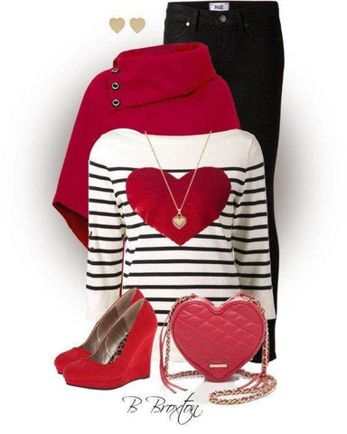 black striped shirt with red heart appliqué on front. A red shawl and black denim pants