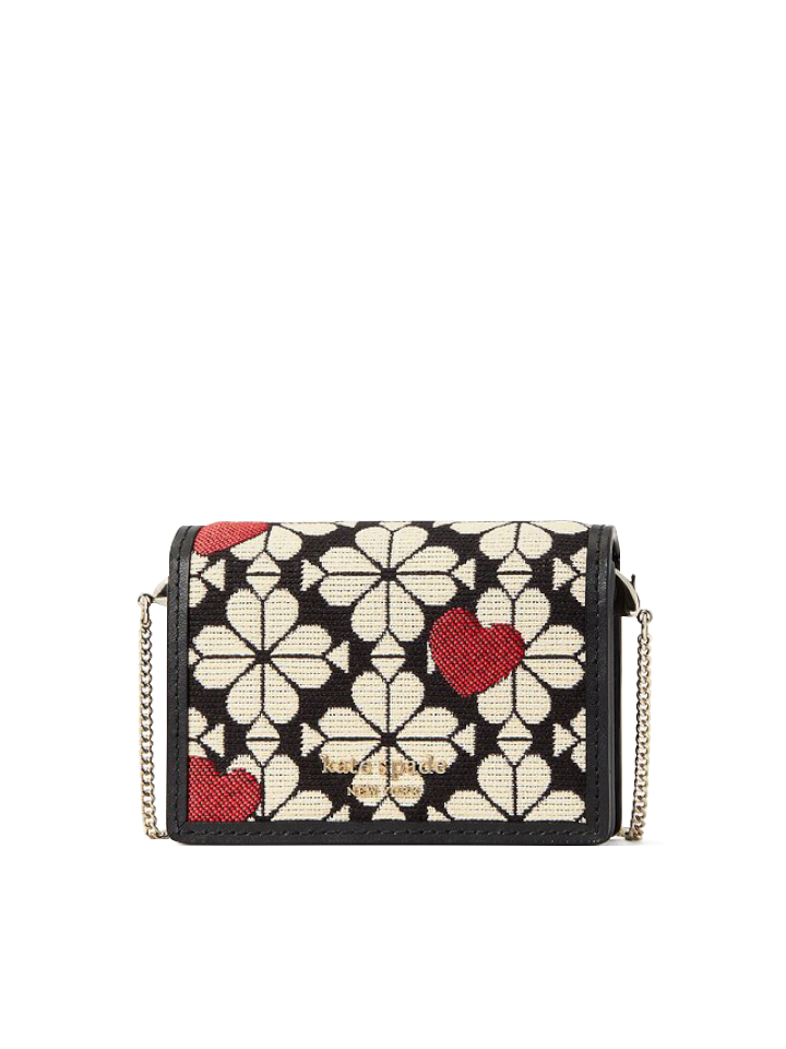 Kate Spade Flower Jacquard Hearts Chain Cardholder Black Multi – Balilene